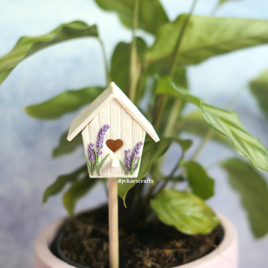 Birdhouse Plant Decoration Ivory Wood Effect with Lavender