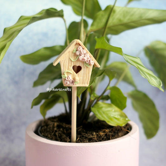 Light Brown with Pink Roses Birdhouse - Plant and Home Decor
