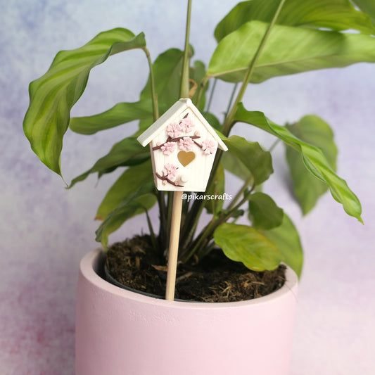 White Birdhouse with Rink Cherry Blossom - Plant and Home Decor