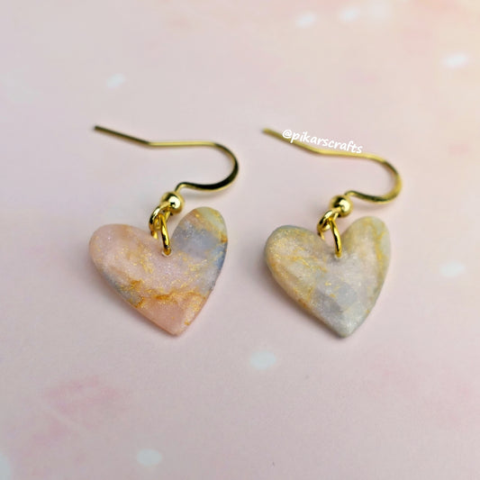 Golden Dangling Hearts Earrings made from Polymer Clay