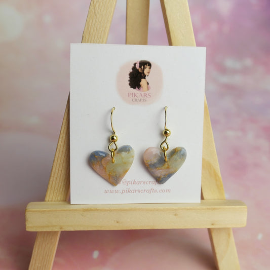 Golden Dangling Hearts Earrings made from Polymer Clay